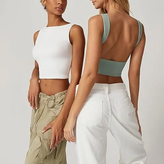 Sexy Open Back Sleeveless Crop Tank High Neck Slim Fit Cropped Tee Shirt Y2k Tops