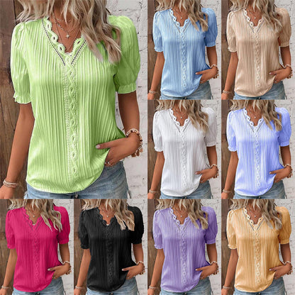 V-Neck Plain Lace Elegant Shirt