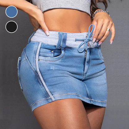 Women's spliced drawstring denim short skirt