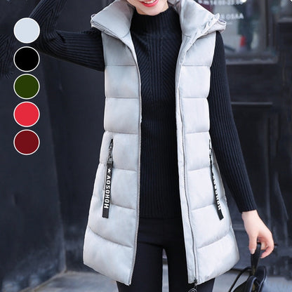 Women's Cotton-Padded Zipper Long Sleeveless Vest