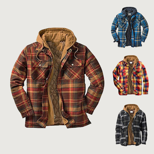 [Warm gift] Quilted lined plaid jacket with hood for men