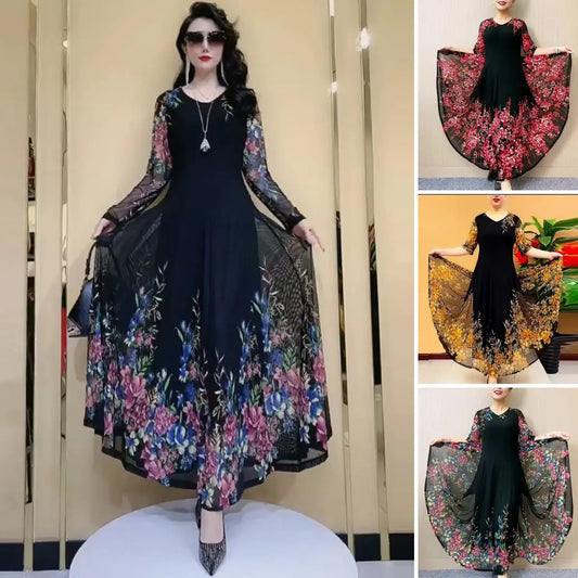 【L-4XL】 Fashion Women's Double Layer Mesh Printed Dresses